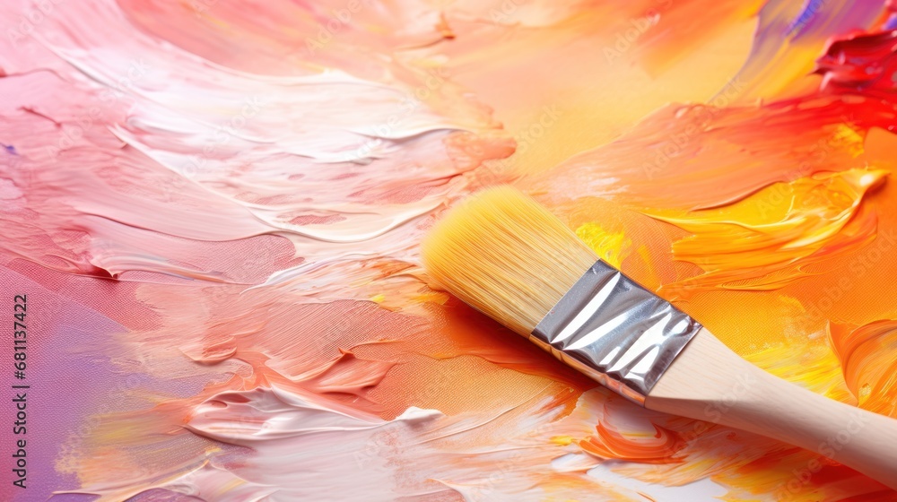 Poster a close up of a paintbrush on a paint palette with a multicolored palette of paint in the background