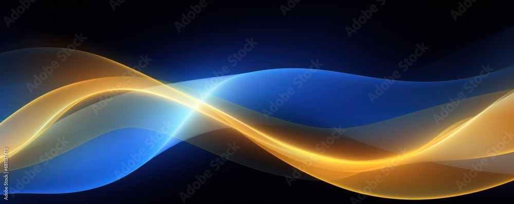 Poster a computer generated image of a blue and yellow wave on a black background with a light reflection o