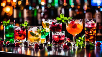 Many different refreshing colorful fruit cocktails with ice, lemon, mint and berries on a bar counter, night club party with soft drinks - obrazy, fototapety, plakaty
