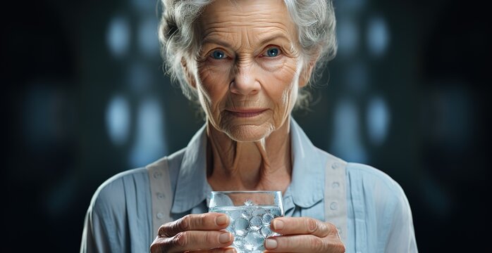 hands of an aged woman holding a glass of water. This image is perfect for illustrating the concept of health.