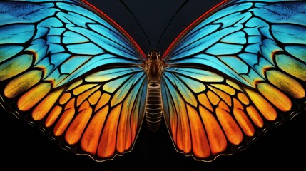 AI generated illustration of a vibrant butterfly with orange and blue wings - obrazy, fototapety, plakaty