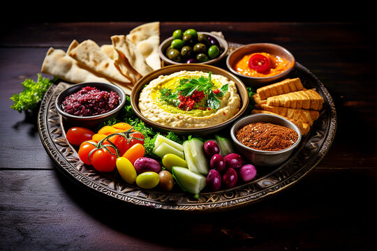 Overhead view of mezze platter of hummus and pita bread surrounded by fresh tomatoes, olives, and vegan tzatziki