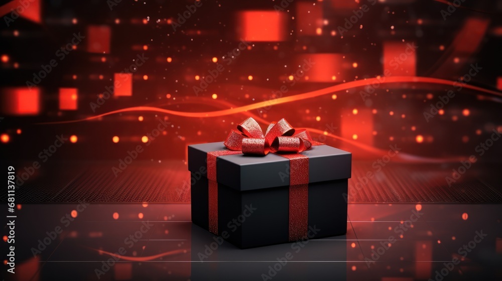 Poster a black gift box with a red bow on a black surface with a red and red pattern in the background.