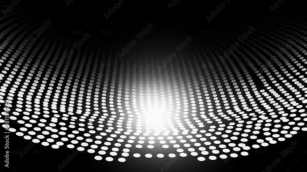 Poster a black and white photo of a circular object with white dots on a black background with a bright spo