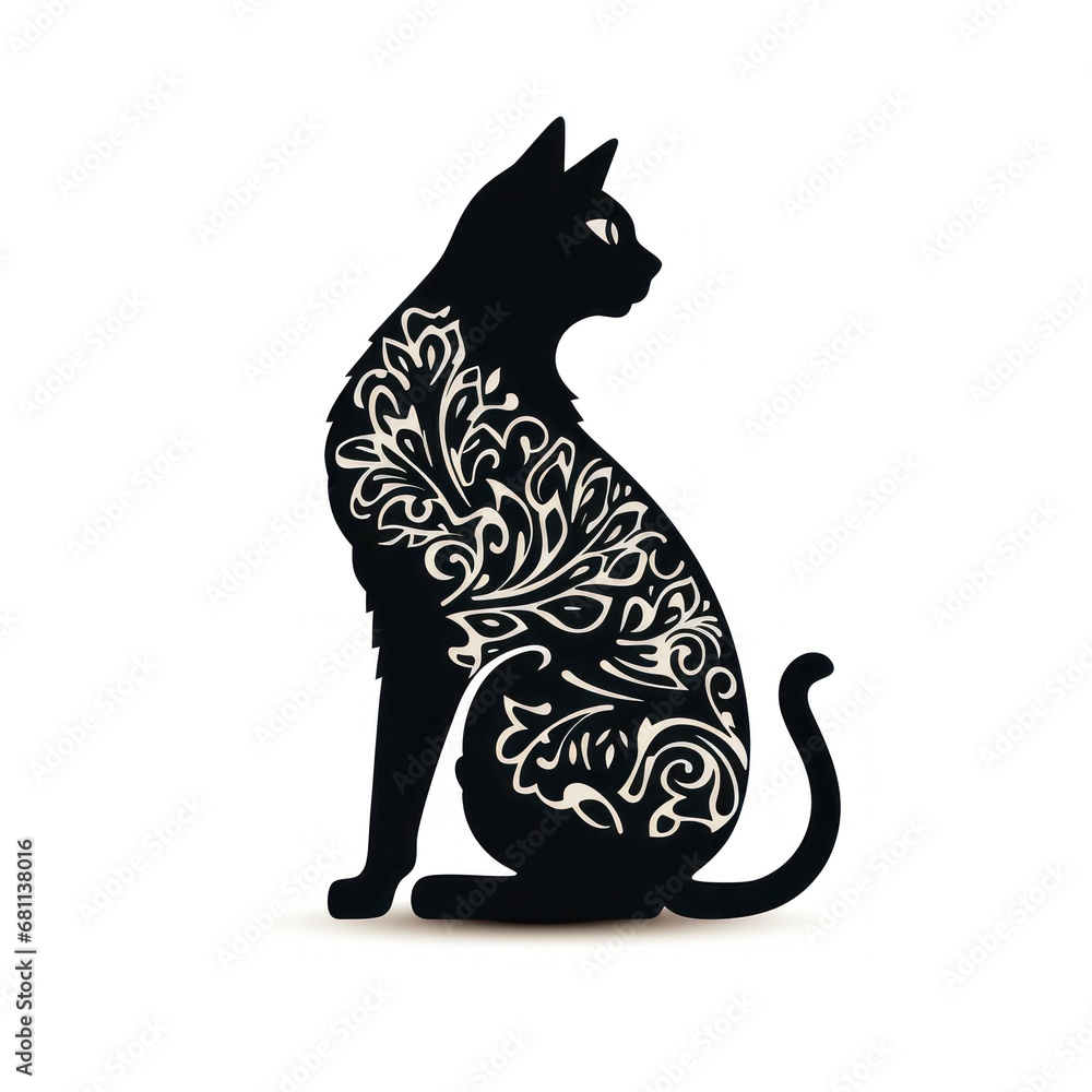 Poster a cat that is sitting down with a pattern on the back of it's body and it's tail.