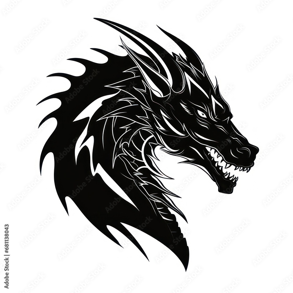 Poster a black and white image of a dragon's head with a sharp, sharp, sharp, sharp tail.