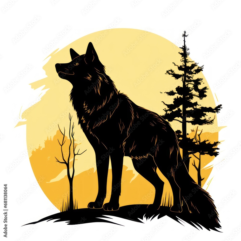 Poster a silhouette of a wolf standing in front of a full moon with trees and a pine tree in the foreground
