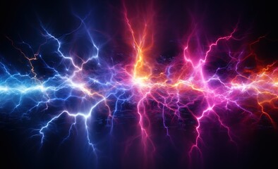 Fototapeta premium a spectacular and colorful image of pink and blue lightning on a dark background. The image is ideal for use in projects related to thunderstorms, electricity or energy.