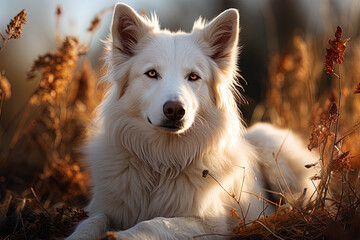 Portrait of white Swiss Shepherd dog on a nature, close up photo, morning light. Ai art
