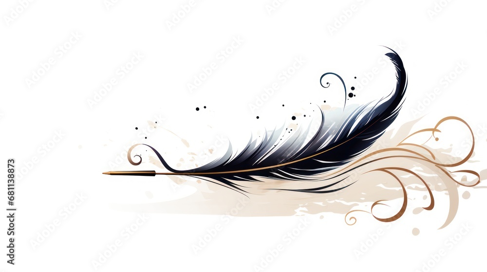 Poster a close up of a black and white feather on a white background with a swirly design on the side of th