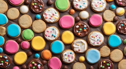 Fototapeta na wymiar delicious sweets on abstract background, sweets, chocoltae, donuts, sweet colored biscuits