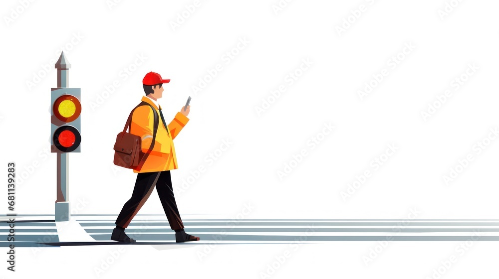 Poster a man in an orange jacket is using a cell phone while crossing a street with a traffic light in the 