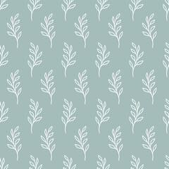 Leaf seamless pattern. Repeating leaves background. Repeated nature patern for design prints. Line simple plant. Spring repeat texture. Hand draw soft monocrome silhouette. Vector illustration