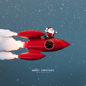 Santa Claus riding on red space rocket and Merry Christmas text on blue background. Christmas greeting card design. 3D Rendering, 3D Illustration