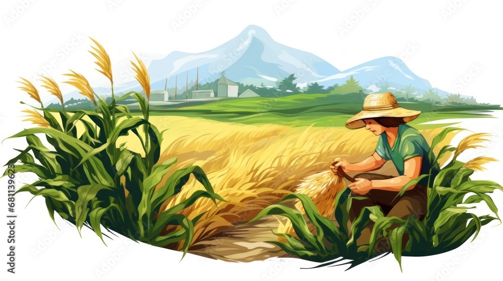 Poster a man in a straw hat is working in a wheat field with a cornfield and mountains in the background.