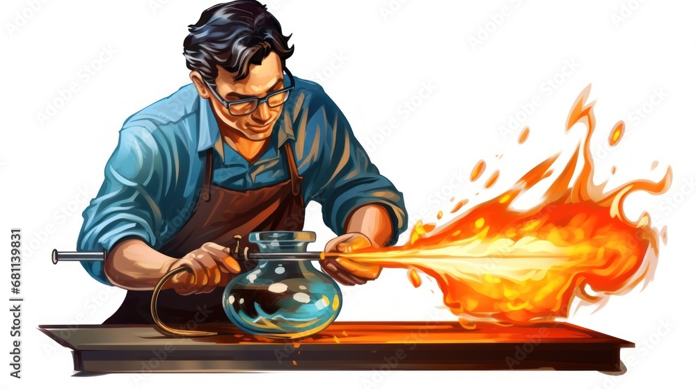 Poster a man in an apron is working on a vase with fire coming out of it and a flame coming out of it.