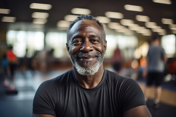 Portrait of a happy African American senior man practicing yoga or workout in a gym looking at camera
