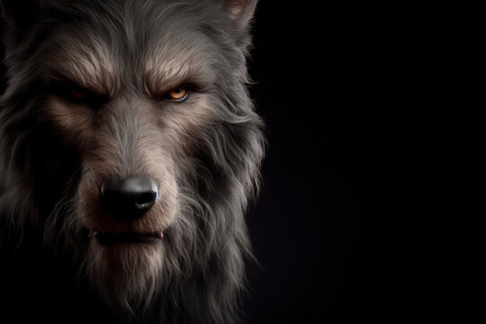 photorealistic studio portrait of a warewolf on black background. ai generative