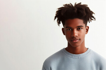 Obraz premium Portrait image of a young African American man wearing standing on a white background copy space. ai generative