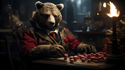 A Crypto bear in a red suit playing poker