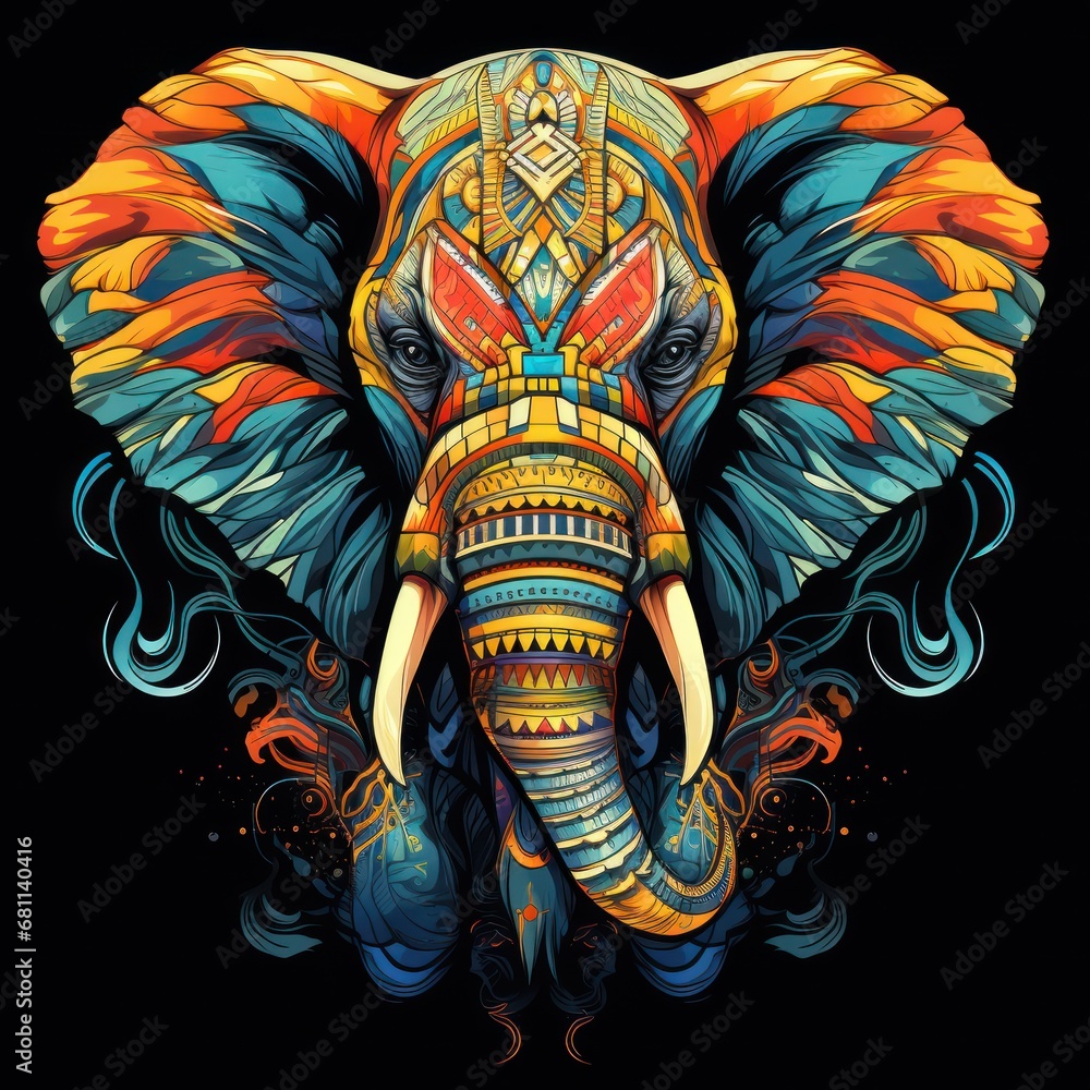 Poster an elephant's head with a colorful pattern on it's body and tusks on it's head.