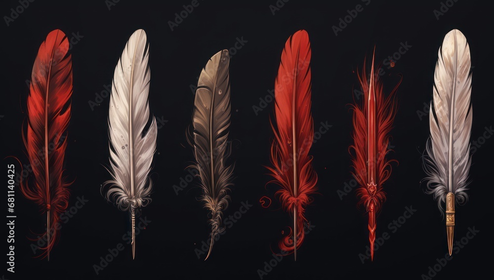 Aufkleber a row of different colored feathers sitting next to each other on a black background with a gold pen
