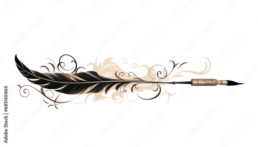 Poster a drawing of a feather and a pen on a white background with a swirly design on the back of the pen.