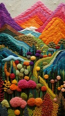 Embroidered landscape with textured swirls of vibrant thread. Colorful embroidered fantastic scene of rolling hills, trees, and flowing river. Embroidery, textile art, craftsmanship, vivid textures