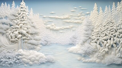 Embroidered winter landscape with textured trees and hills in light colors. Fantasy 3D volumetric...