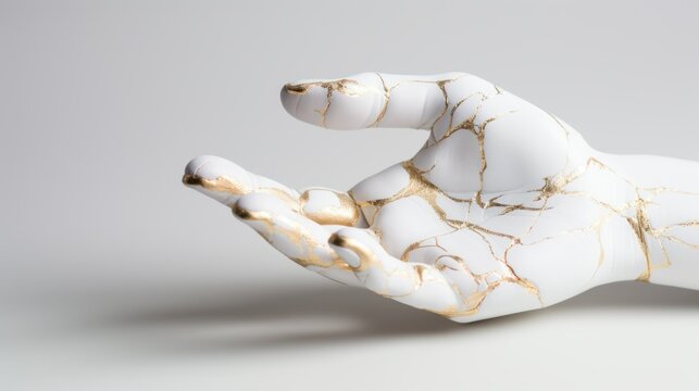 Kintsugi Upcycled white porcelain ceramic hand with golden cracks details. Kintsugi kintsukuroi golden repair is the Japanese art of repairing broken pottery