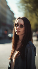 Obraz premium Young beautiful woman with long dark hair and sunglasses standing on the city street