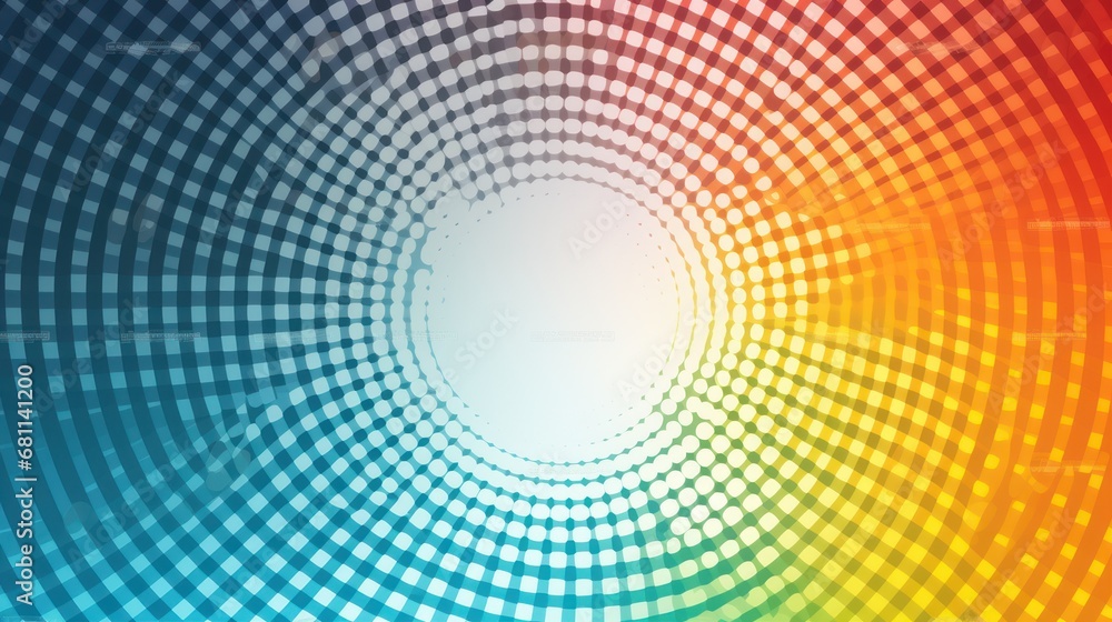 Poster an image of a colorful background with a white circle in the middle of the image and a blue circle i