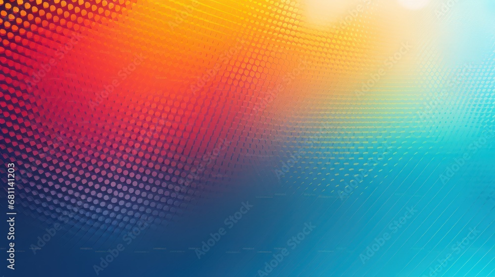 Poster a bright blue and orange background with a bright red and yellow pattern on the bottom half of the i