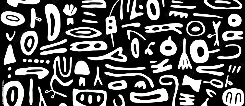 Poster a black and white background with a lot of different types of letters and numbers in white on a blac