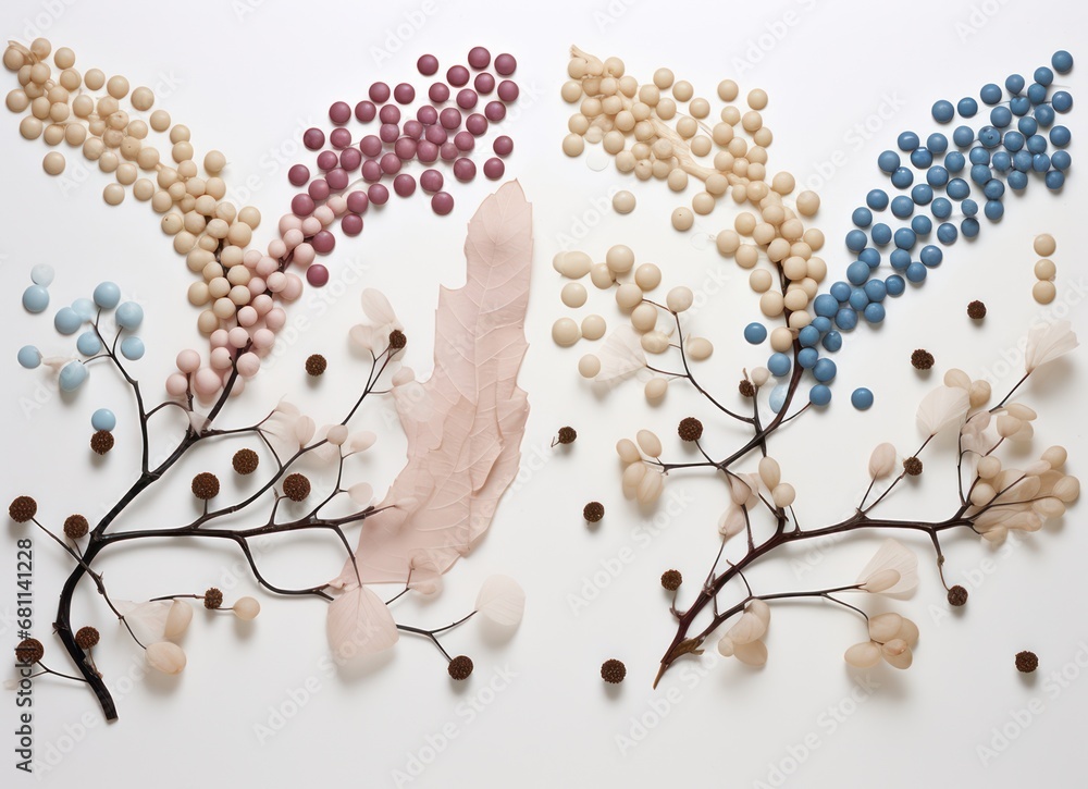 Poster a white table topped with lots of different types of candies next to a tree filled with leaves and b