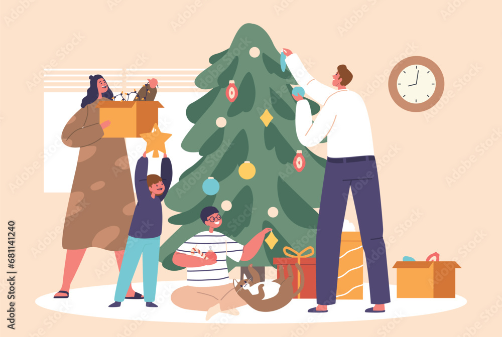 Wall mural parents and kids family gather joyfully around a twinkling christmas tree, sharing laughter and hang