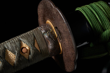 Traditional handle katana sword with gray binding and engraving
