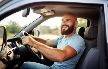 A man smiling behind the wheel of a car