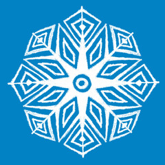 Hand drawn snow flake, hand made art with crayon. Abstract geometric snowflake shape. White crystal on blue background