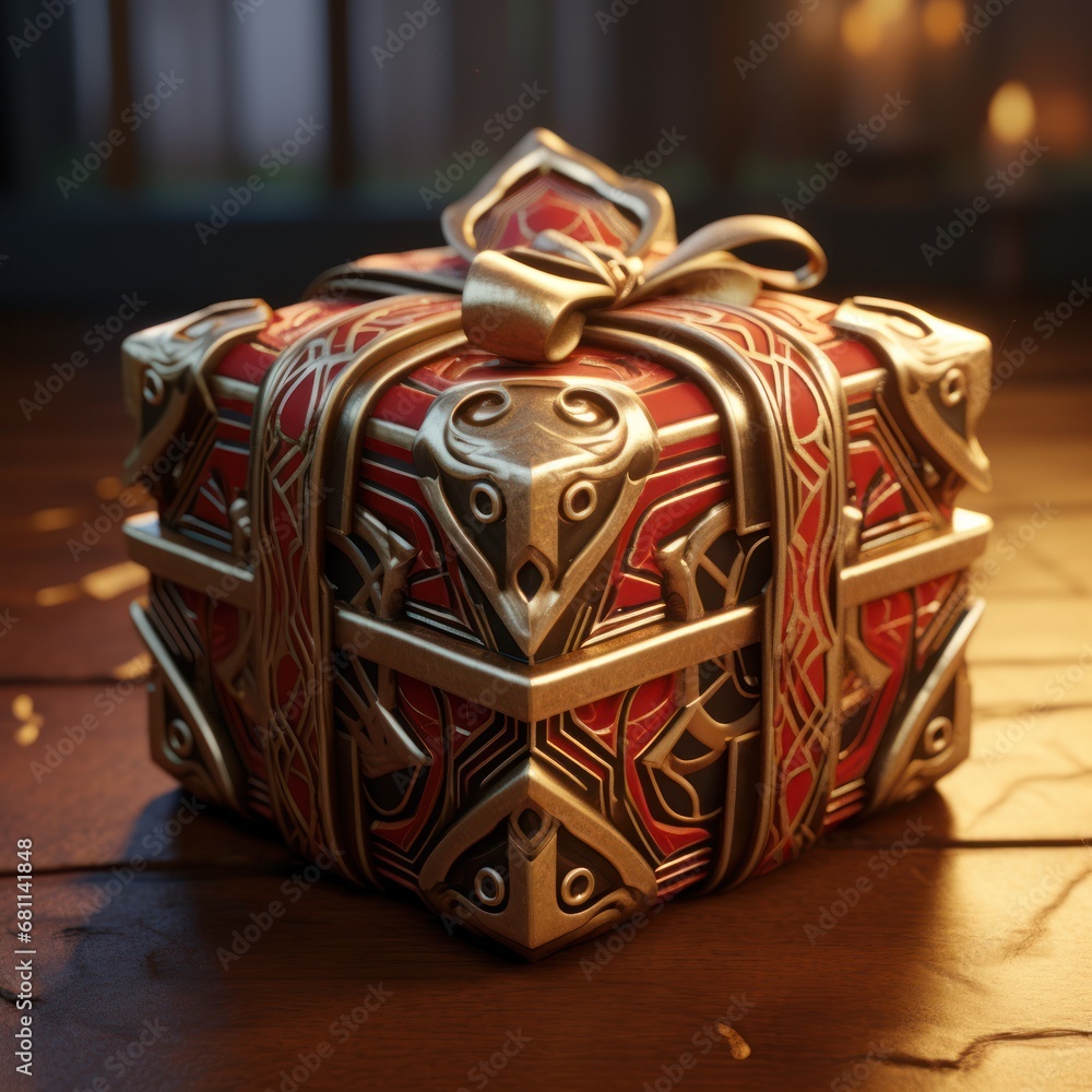 Poster a red and gold box with a bow on top of it on a wooden floor with a window in the background.