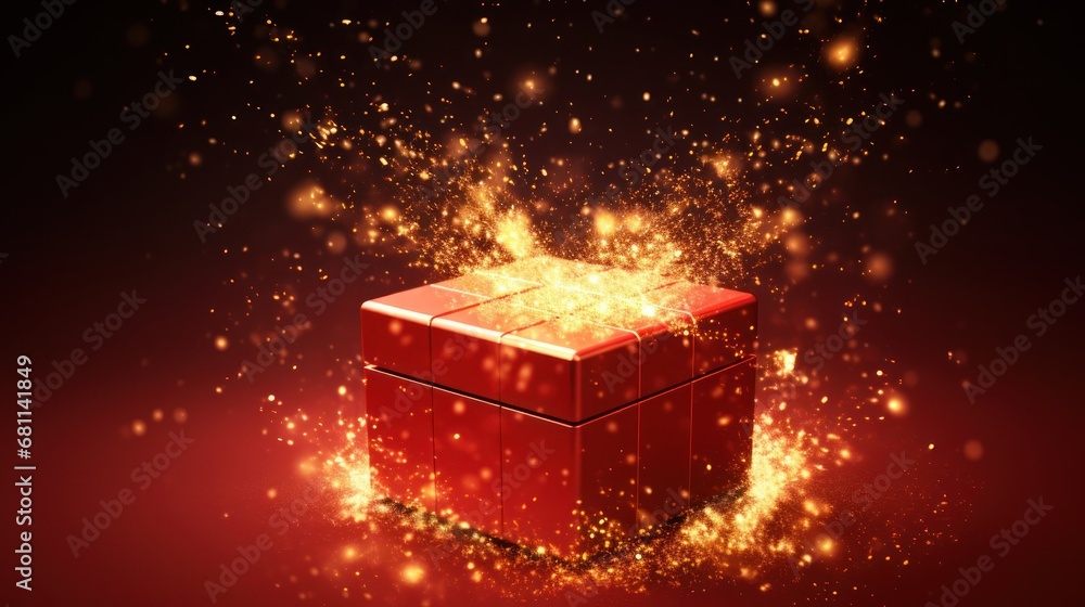 Poster a red gift box with a red ribbon and a red bow on a red background with gold flecks.