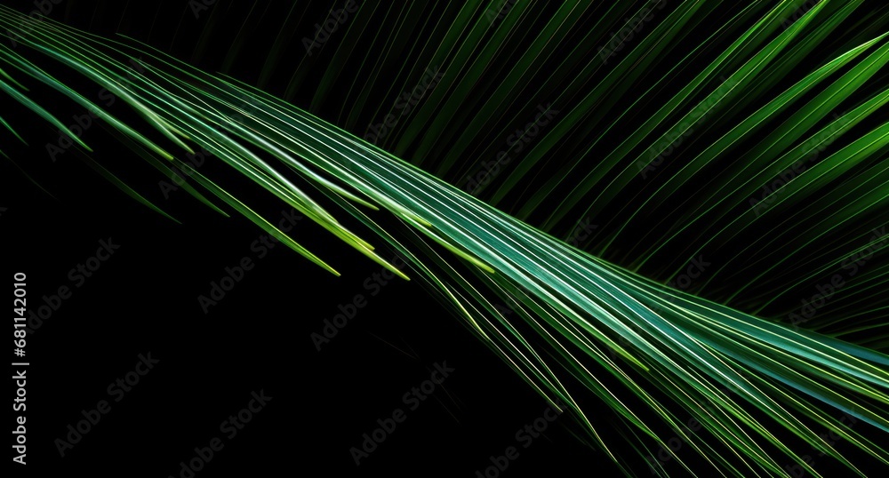 Poster a close up of a palm leaf on a black background with a green line in the center of the image.