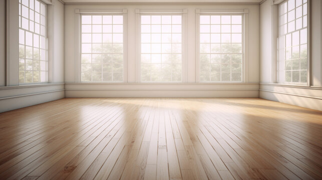 a cozy room with a hardwood floor and white walls and a large bay window letting in plenty of natural light