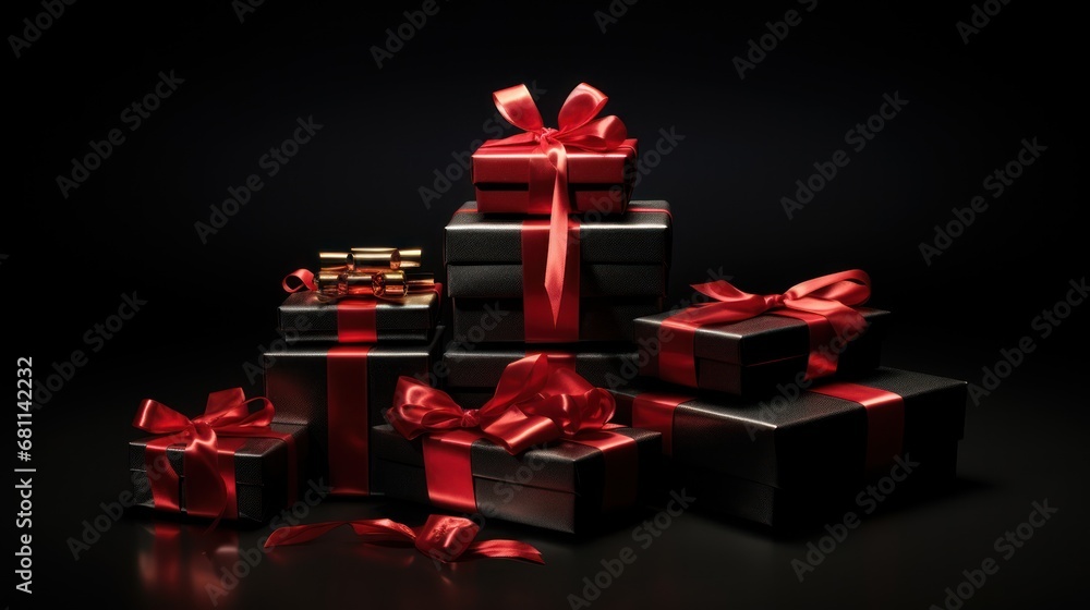 Aufkleber a group of black boxes with red ribbons and a red bow on the top of one of the boxes are stacked on 