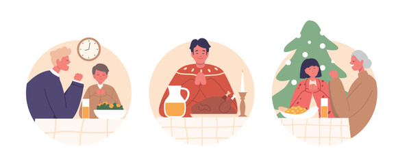 Isolated Round Icons of Family Characters Gathered Around Festive Table In Christmas Prayer Vector Illustration