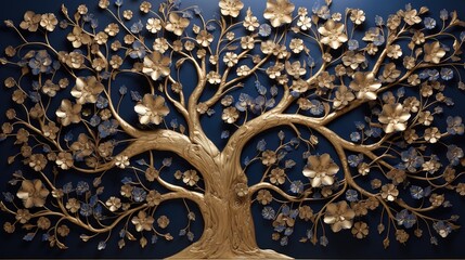 Elegant golden, majestic, royal flower tree with leaves and flowers, hanging branches, metal panel on a large blue wall. Part of the interior.