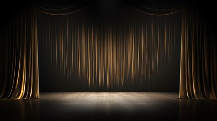 The empty background is a theater stage with black gold velvet curtains. Backstage under spotlights and spotlights. - obrazy, fototapety, plakaty