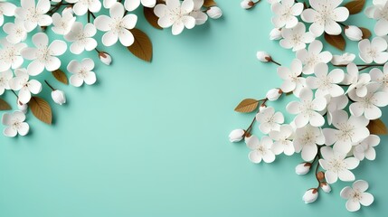 Banner with white apple tree flowers on a light green background. Card template for wedding, mother's day or women's day on March 8th. Spring composition with free space.