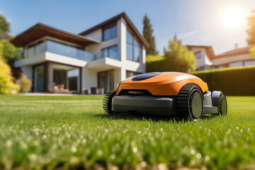 Automated mower tends to a green lawn beside a modern home on a sunny summer day - obrazy, fototapety, plakaty
