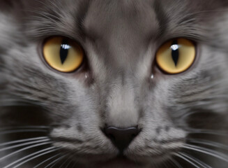 A close-up of a cat’s face with yellow eyes in the darkness